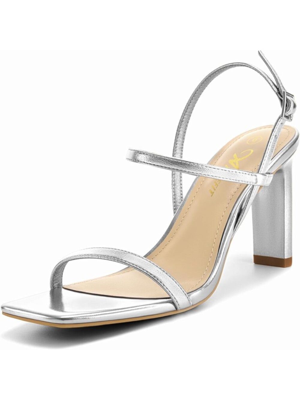 Women's Silver Square Open Toe Heeled Sandals Ankle Strap Strappy High Heels